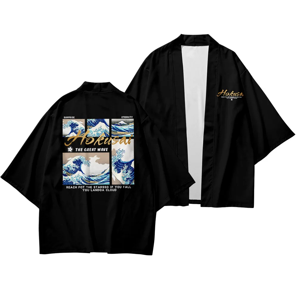 

Newest Boy girls Japanese traditional kimono cardigan Ukiyo-e wave pattern shirt Japanese summer kimono nine-point pants suit