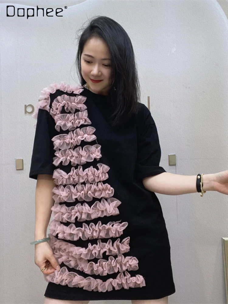 

Woman 3D Cotton Mid-Length Tops with Pink Lace 2022 Summer New Harajuku Female Pullover Short Sleeve Mid Short Sleeve T Shirts