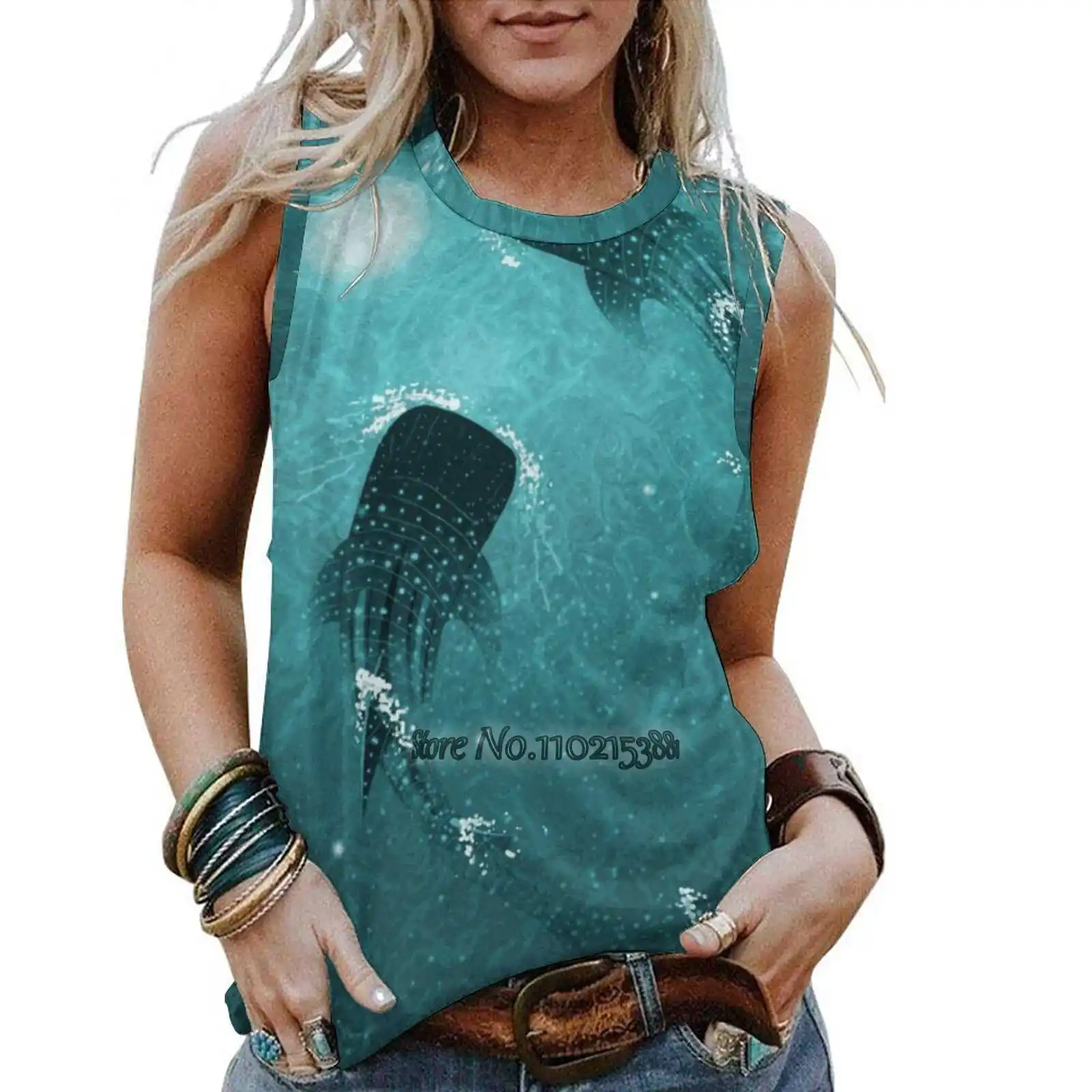 

The Serenade V2 Women Vest Tank Tops Shirt Camisole Fashion Black Casual Print O-Neck Female T-Shirt Whale Sharks Ukulele