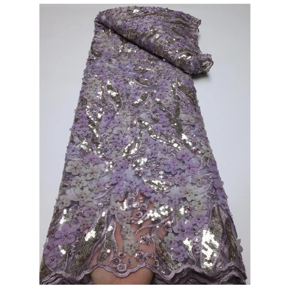 

African Sequins Lace Fabric 2022 French Tulle Lace Fabric Glued Beaded Embroidery Mesh Fabric For Party Wedding 5Yards LY1006