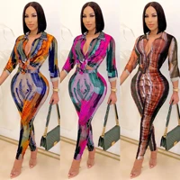 x5281 womens casual two piece spring and summer fashion sexy long sleeved v neck tie dye printed trousers suit women