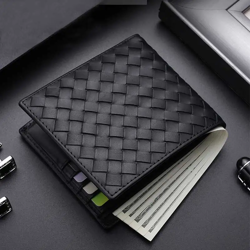 Luxury Brand Men's Wallet Genuine Leather Short Money Clip Fashion Simple Woven Wallets Cowhide Card Holder Ultra Thin Card Case