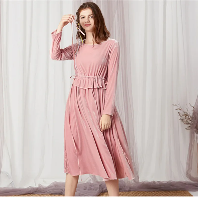 

New 2023 Fall Winter Women Elegant Pleated Ruffles Velour Dress Fashion Sweet Girl Long Sleeve Velvet Party Dress Vestidos