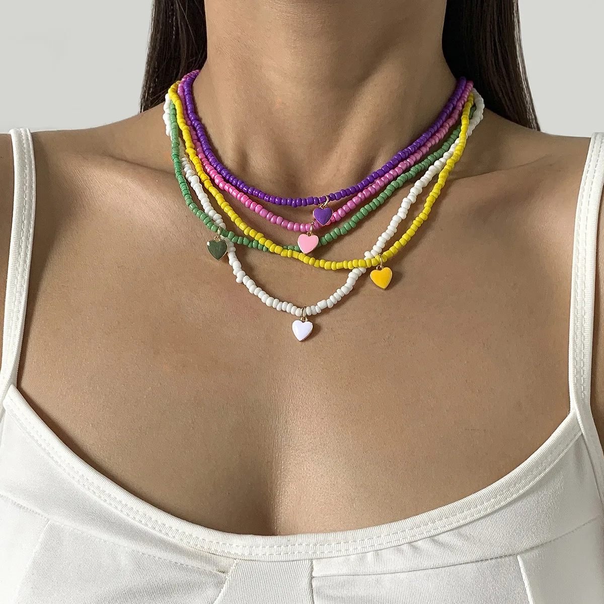 

Fashion Heart Pendant Necklaces for Women Colorful Clavicle Charm Rice Beads Chain Necklace Simple Versatile Bohemian Jewelry