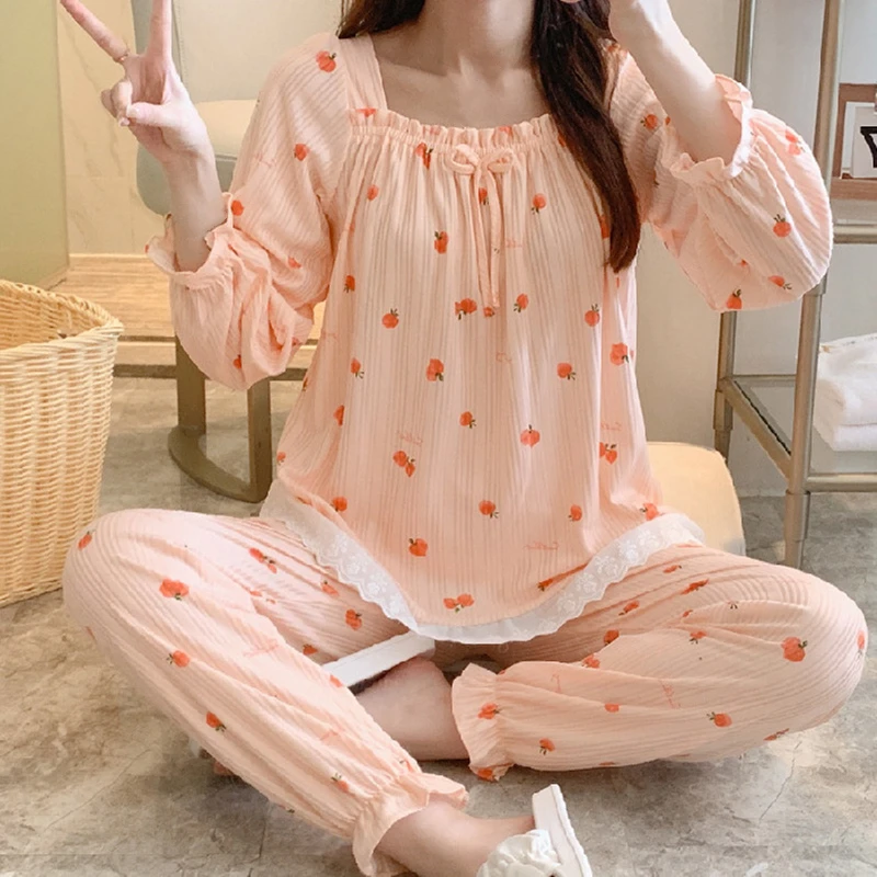 

Женский текстурированный пижамный комплект с принтом фруктов, кружевная Пижама с квадратным воротником и оборками, милая домашняя одежда д...