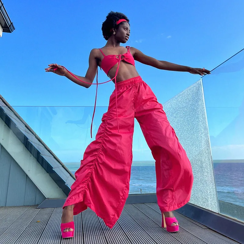 

Cutistation Luxury Designer Clothes Drawstring Parachute Pink Pants Fall Women 2022 High Waisted Wide Leg Baggy Trousers 2 Piece