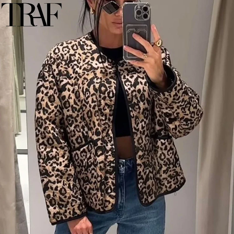TRAF парки 2024 женская стеганая куртка с леопардовым принтом винтажная короткая
