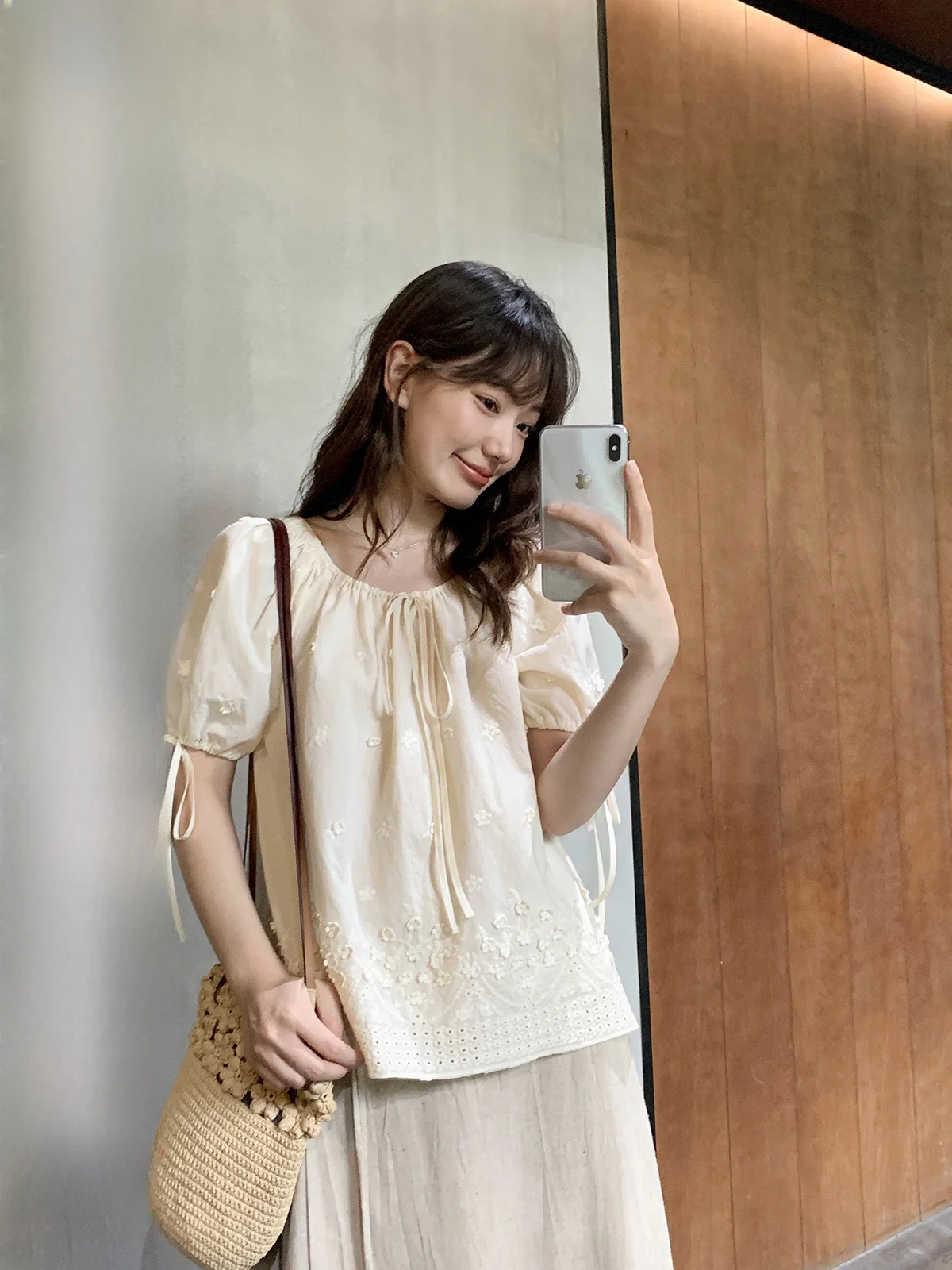 Hello Cannon Three-Dimensional Embroidered Hollow Lace Lace-up Shirt Women Summer 2024 New Small Loose Chic Shirts