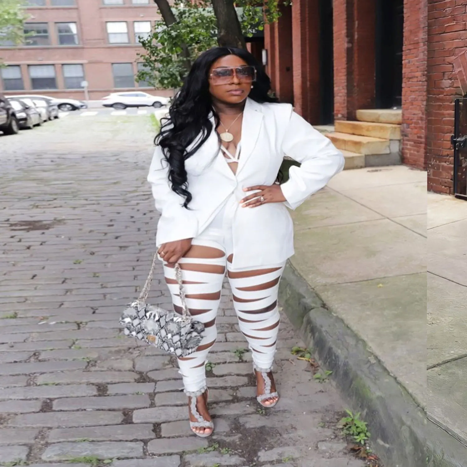 

Plus Size Two Pieces Set 5 XL Women Matching Suit Sets Blazer Coats Tops Hollow Out Design Suit Pants Sets Office Lady Sets