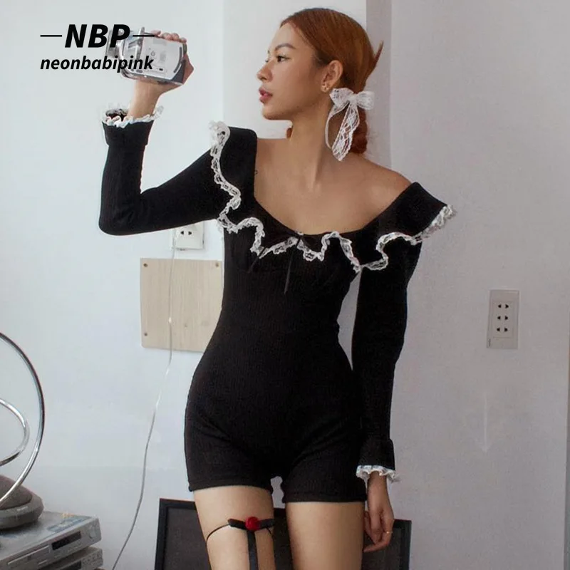 

NEONBABIPINK One Pieces Long Sleeve Jumpsuit Women Y2k Lolita Lace Trim Ribbed Black Rompers Womans Bodycon Clothing N33-CG26