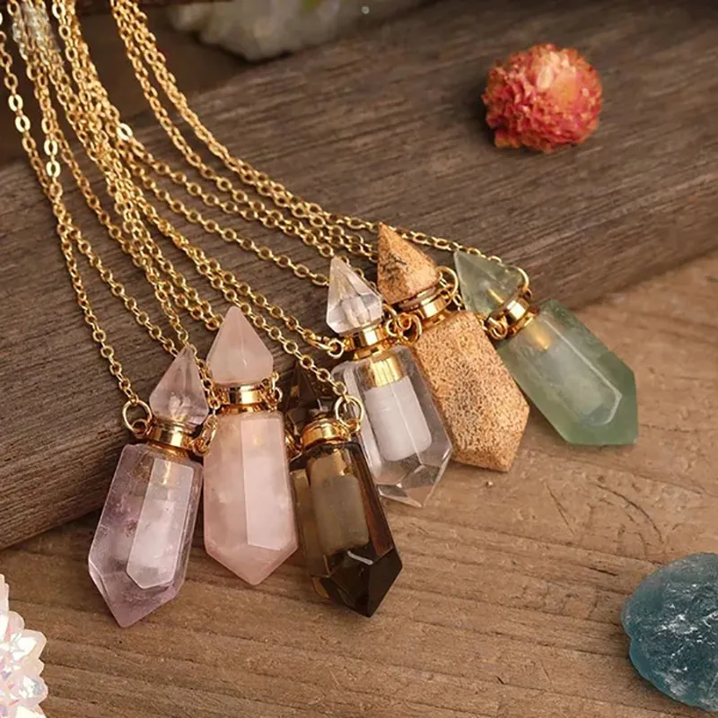 

Natural Stone Faceted Prism Perfume Bottle Pendants Necklace Cut Hexagon Points Crystal Essential Oil Diffuser Vial Charms