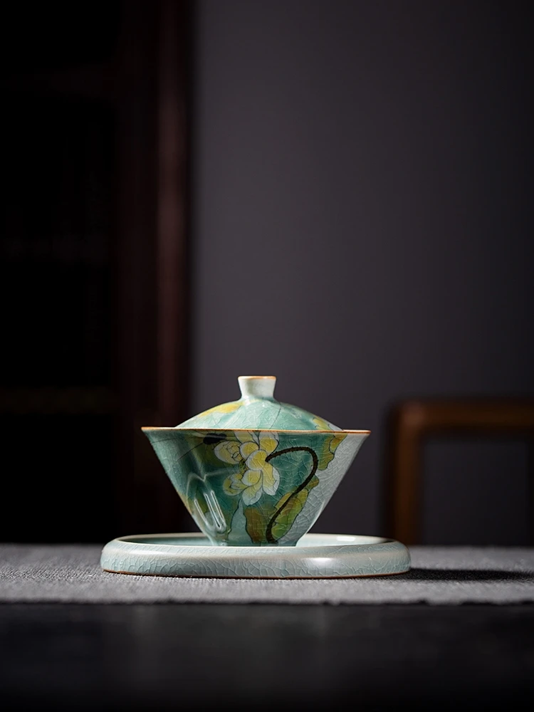 Borneol глазурованная ручная роспись зеленая чаша с тремя крышками чайная чашка