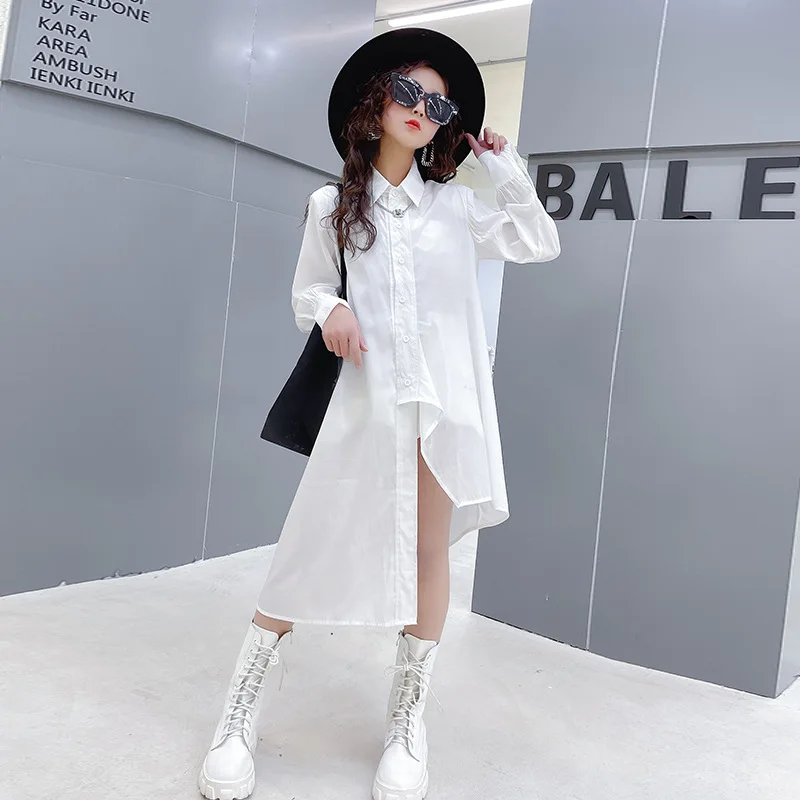 

Shirt Dress for Kids Mid-length Fashion Irregular Design Long Dresses Cool Girls Black White School Children Clothes 2022 New