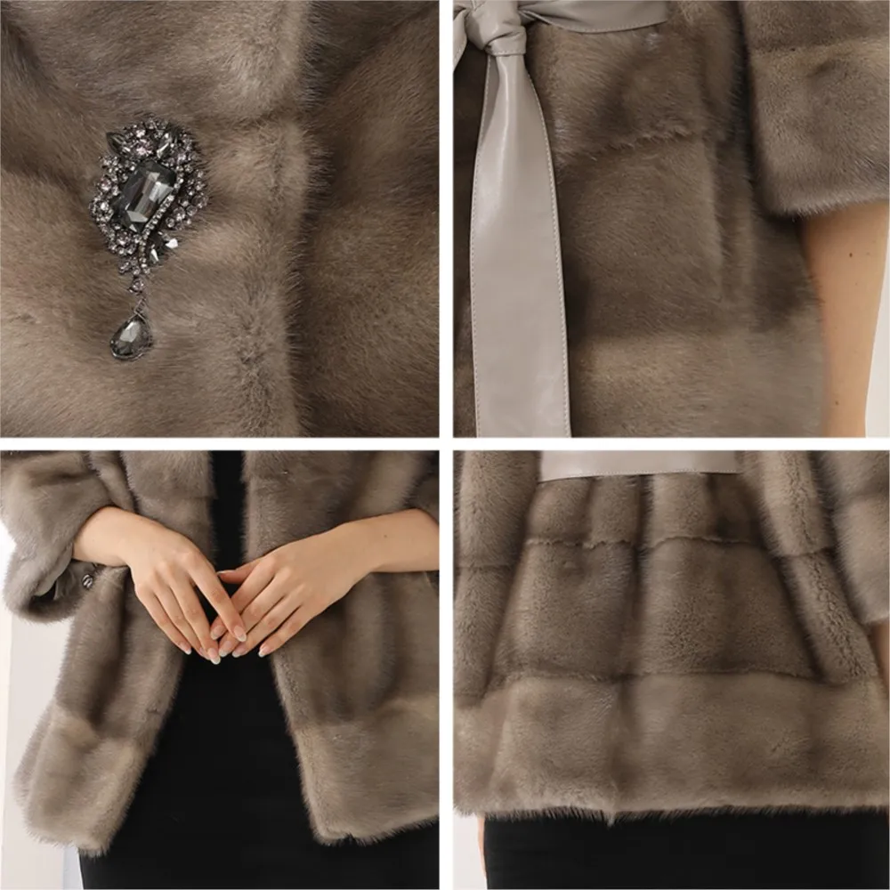 Women Winter Real Mink Coat With Collar Belt Luxury Fur Jackets Ladies Natural Solid Mink Coat Female Thicken Warm Slim Clothes