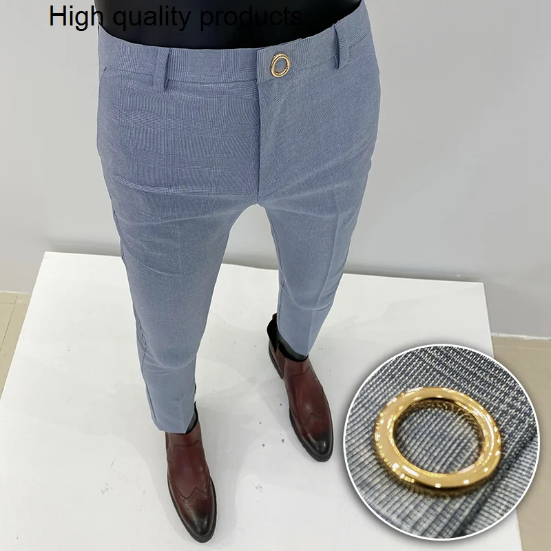 

2023 Men Suit Trousers New High-Quality Plaid Slim Fit Formal Pants Fashion Casual Man Clothing Dress Full Length 36