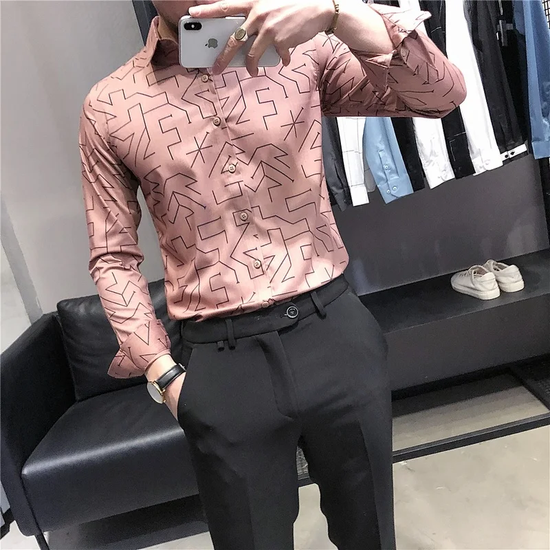 

High Quality Men Business Dress Shirts Long Sleeve Slim Fit Social Party Blouse Reduced Geometry Casual Streetwear Clothing 2022