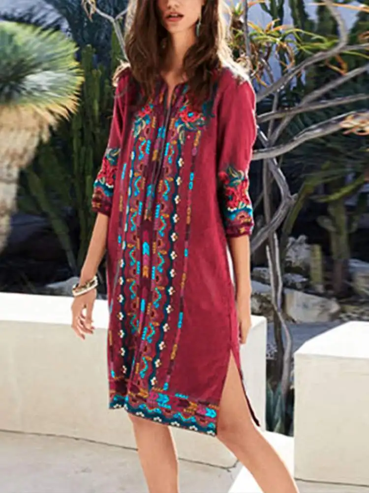 

ZANZEA Knee Length Vestidos Female V Neck Robe 2022 Puff Sleeve Stylish Vintage Women's Sundress Summer Floral Printed Dress