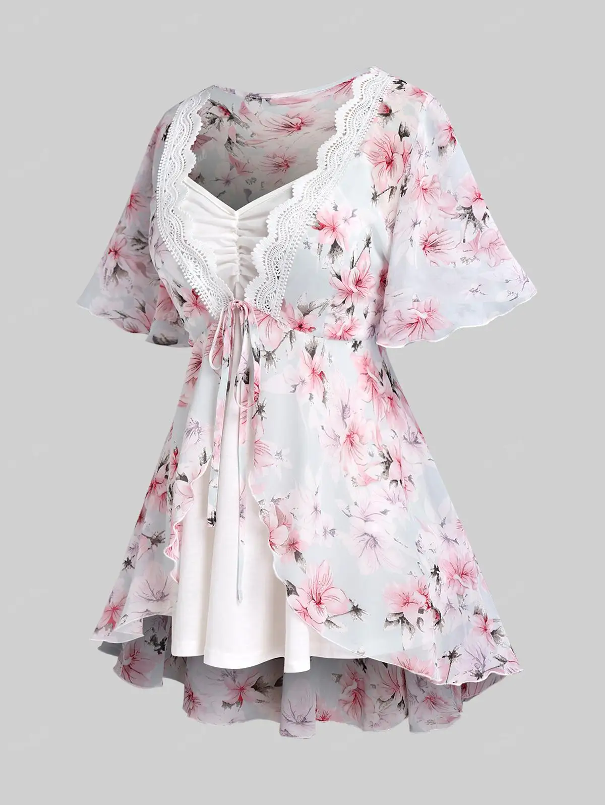 

ROSEGAL Plus Size Women Tees Vest Set Flutter Sleeves V Neck Cottagecore Lace Trim Floral Tie T-shirt With Ruched Cami Top 4XL