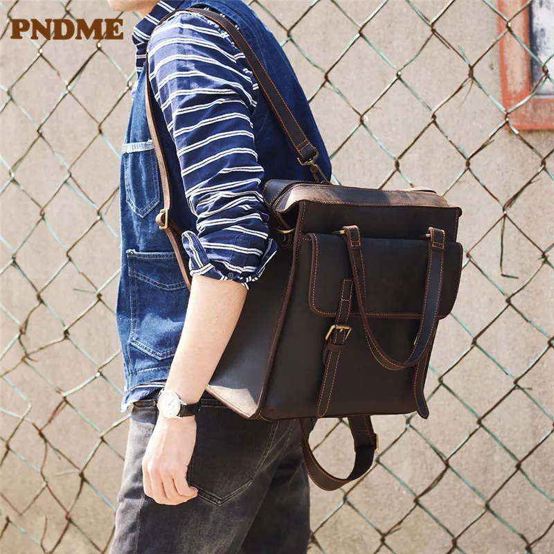 PNDME vintage crazy horse cowhide men's briefcase outdoor travel work multifunctional handbag designer genuine leather backpack