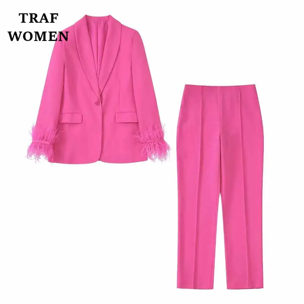

TRAF WOMEN 2022 New Fall/Winter Fashion Feather Decoration Suit Jacket Temperament Office Retro Female Chic Blazer Set 82167074
