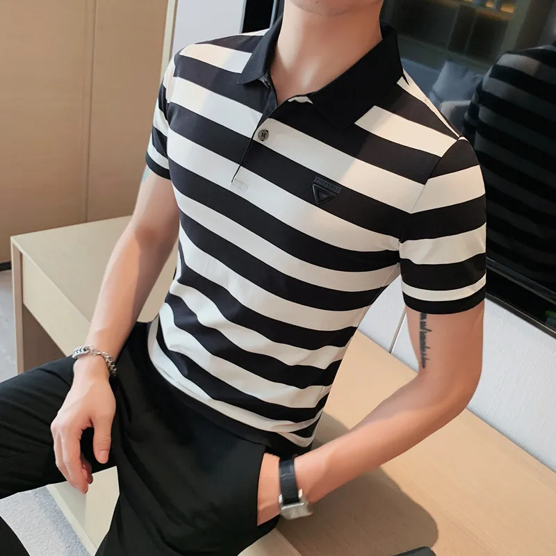 

High Quality Striped Polo Shirts Men Summer Short Sleeve T-shirts Gentlemen Business Casual POLO Slim Fit Lapel Social Tee Tops