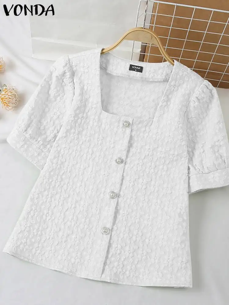 

VONDA Women Fashion Summer Shirts 2023 Casual Solid Color Elegant Blouses Tunic Tops Short Sleeve Square Collar Blusas Femininas