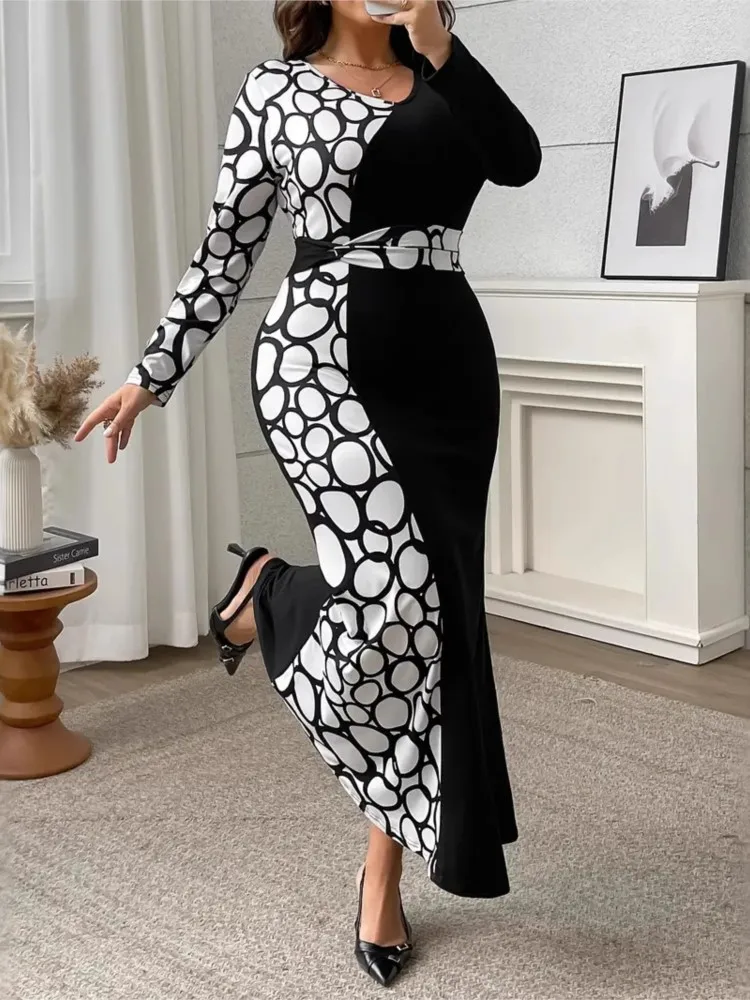 Плюс размер геометрический принт лоскутное осеннее платье рыбий хвост женское