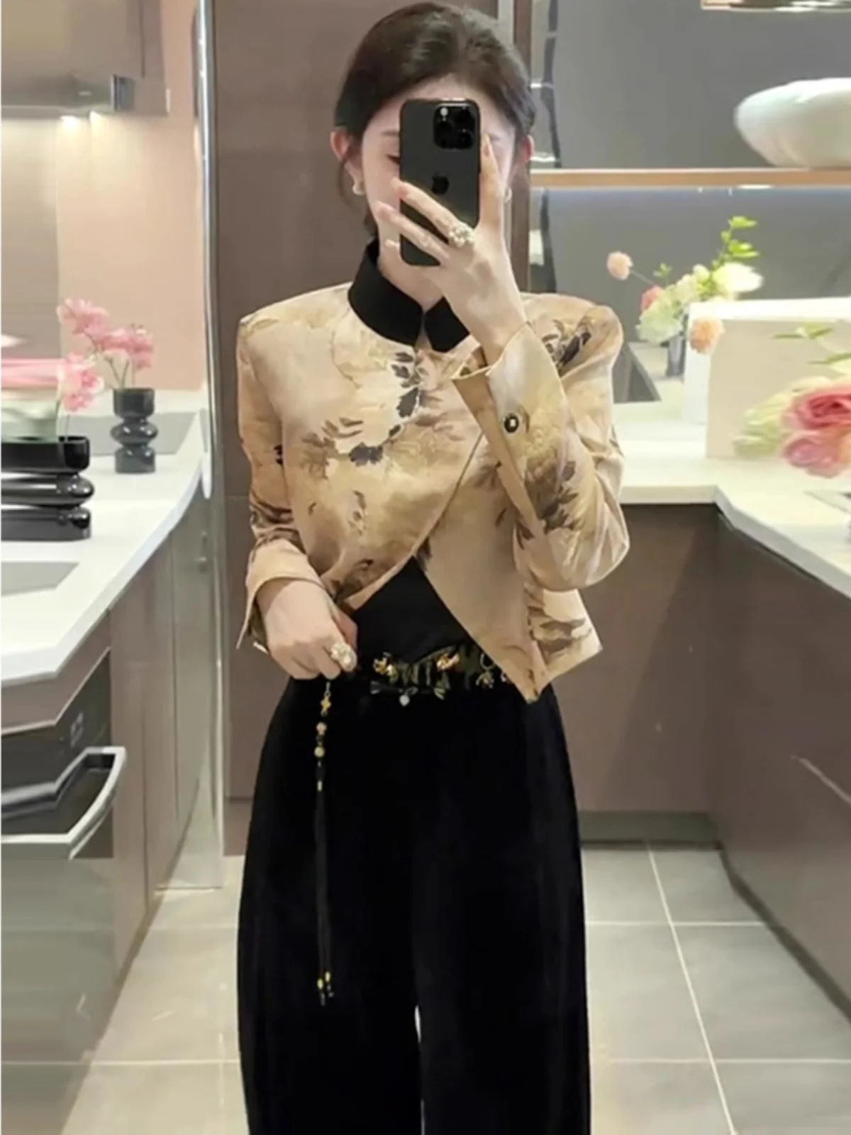 Autumn Match a Whole Set Women Fashionable New Chinese Sle Zen Outerwear Wide Leg Pants Slim Temperament Two-piece