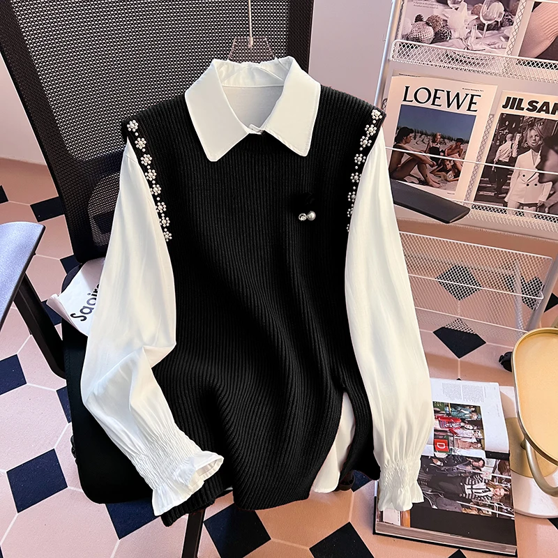 Женская вязаная рубашка с лацканами и жилет в Корейском стиле повседневная