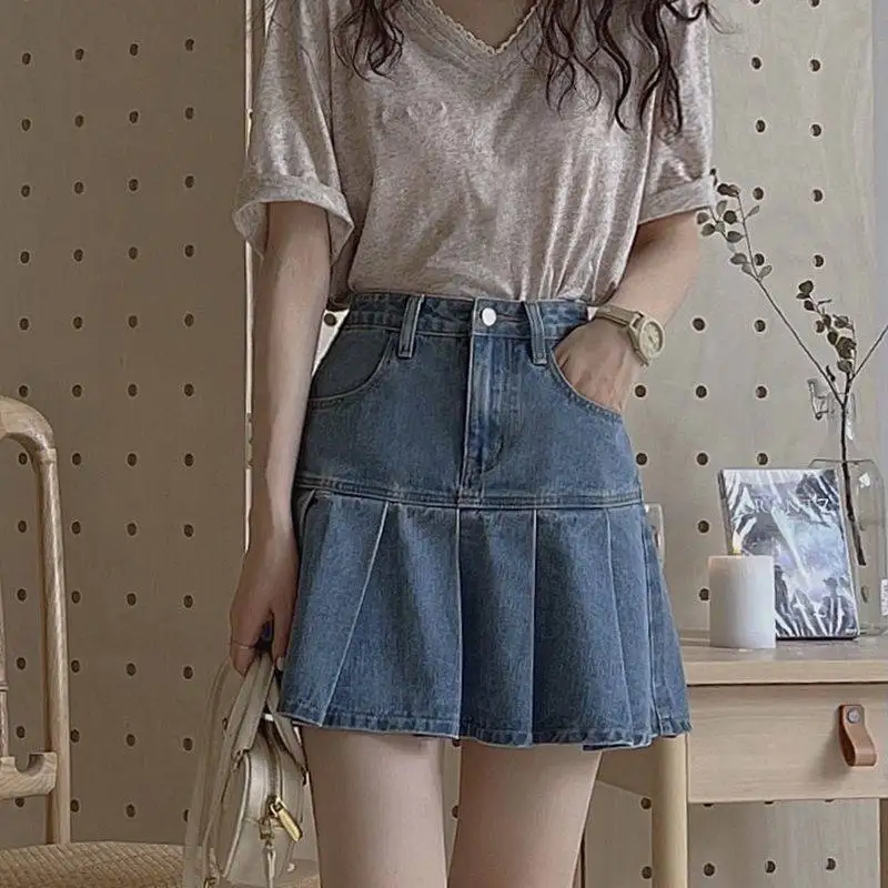 

Y2k Denim Pleated Skirts Mini Solid Casual Woman Korean Fashion High Waist Skirt New Summer Vintage Denim Student Kawaii Skirt