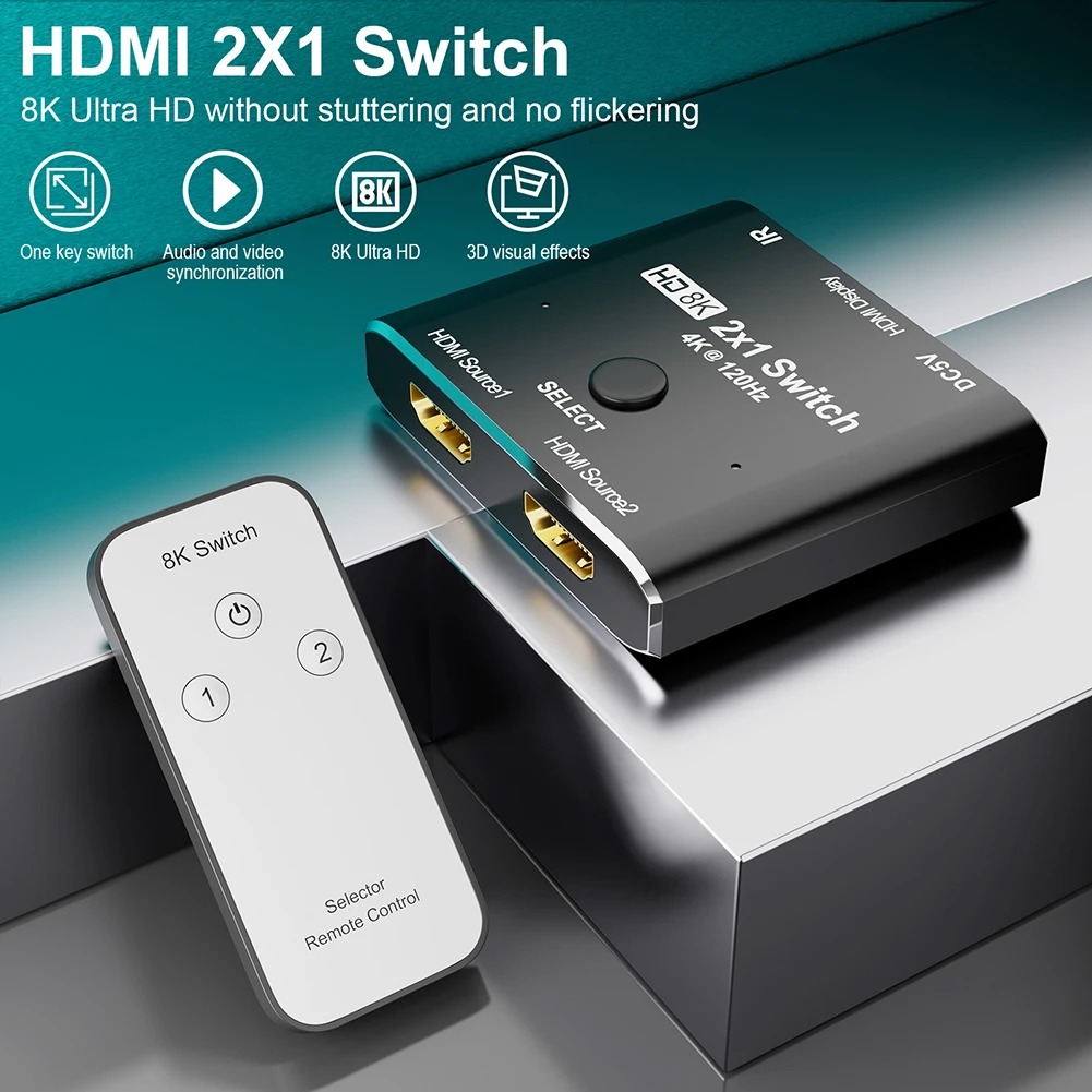

Переключатель адаптера 8K HD, HDMI, 4K @ 120 Гц, 8K @ 60 Гц, 2-в-1, с пультом дистанционного управления для игр
