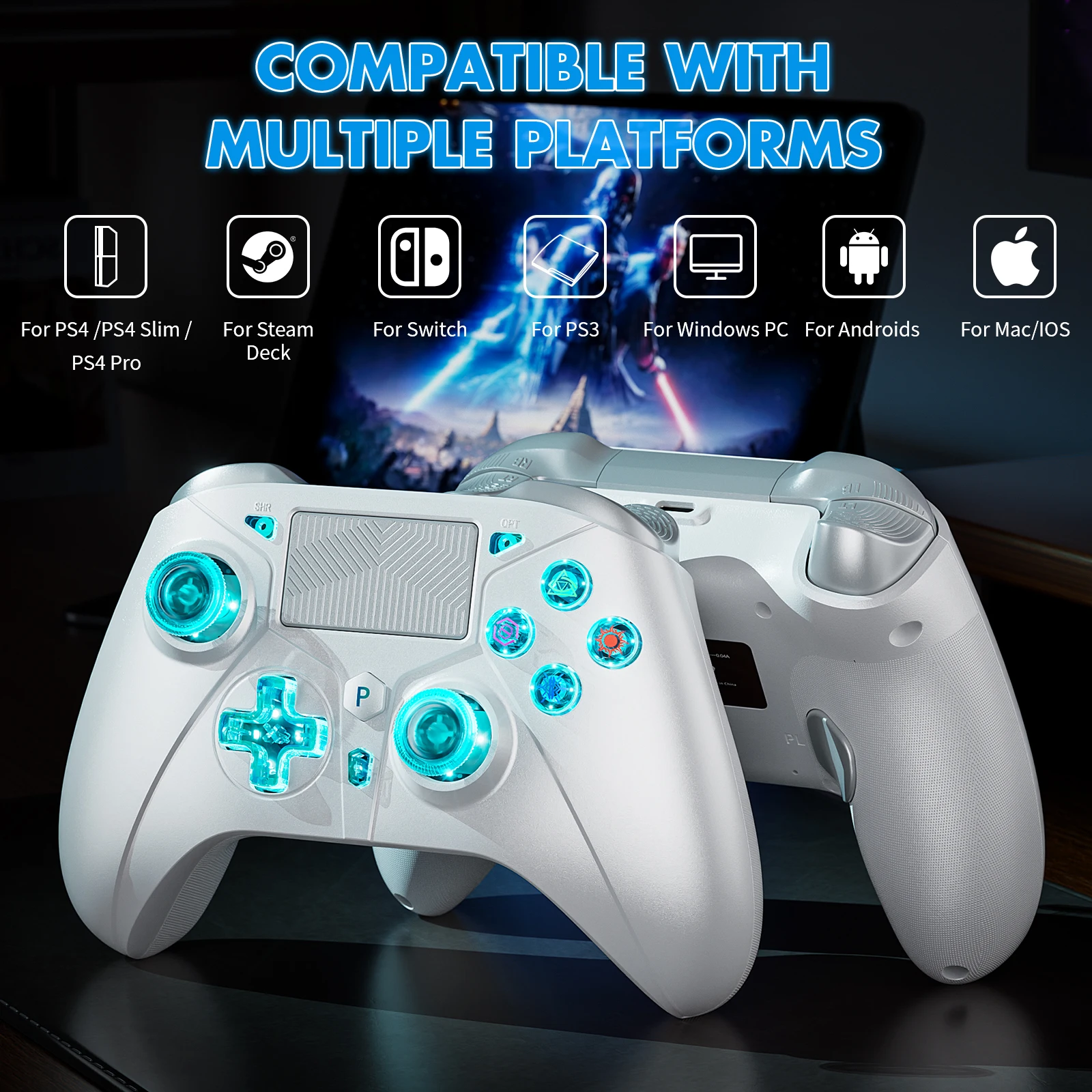 Фото Беспроводной контроллер для консолей PS4, совместимый с PS4 Slim/Pro/PC, поддерживает функцию Turbo и RGB-подсветку кнопок. №2