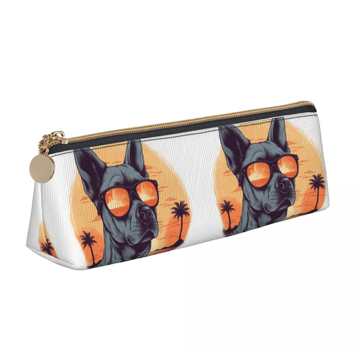 Dog Leather Pencil Case Retro Sunset Animals With Sunglasses Stationery For Teens Zipper Pencil Box Cool Big Triangle Pen Pouch