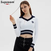 supzoom 2022 new arrival top fashion spring and autumn women slim college preppy style v neck short full female knitted sweater