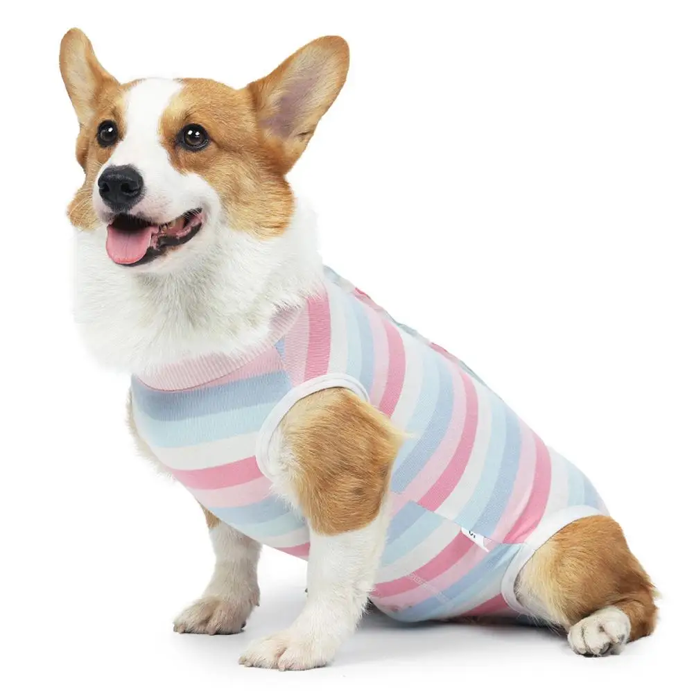 Pet Dog Striped Abdominal Wounds Clothes With Button Anti-licking Snugly Bodysuit After Surgery Pet Supplies