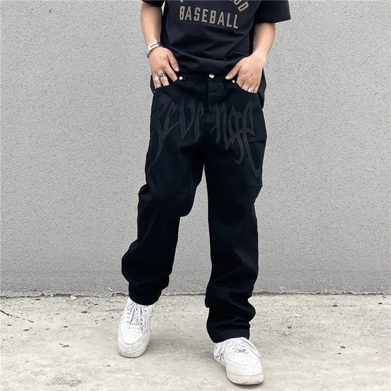 Y2K Emo Men's Fashion Black Streetwear Embroidered Low Rise Casual Jeans Trousers Straight Hip Hop Alt Denim Pants Male Clothes