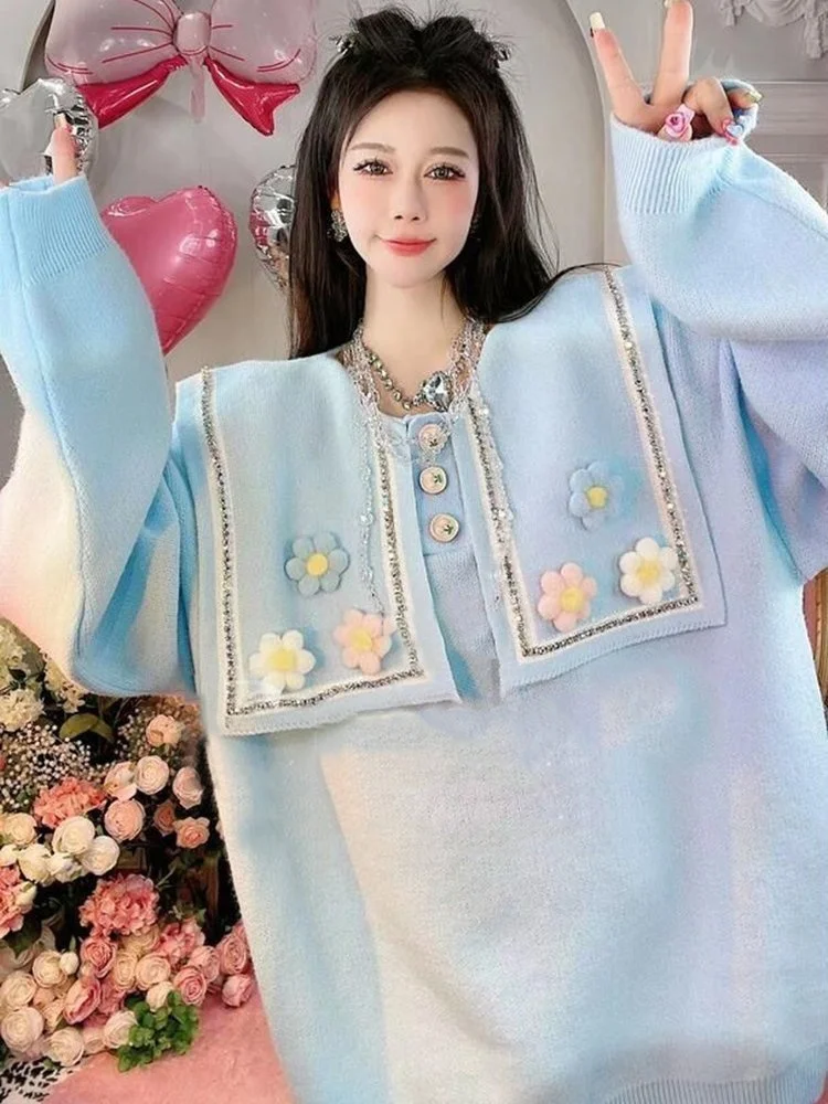 

Fat sister's design sense, small number of heavy industry diamond inlaid flower wool knitwear, new style, loose and lazy sweater