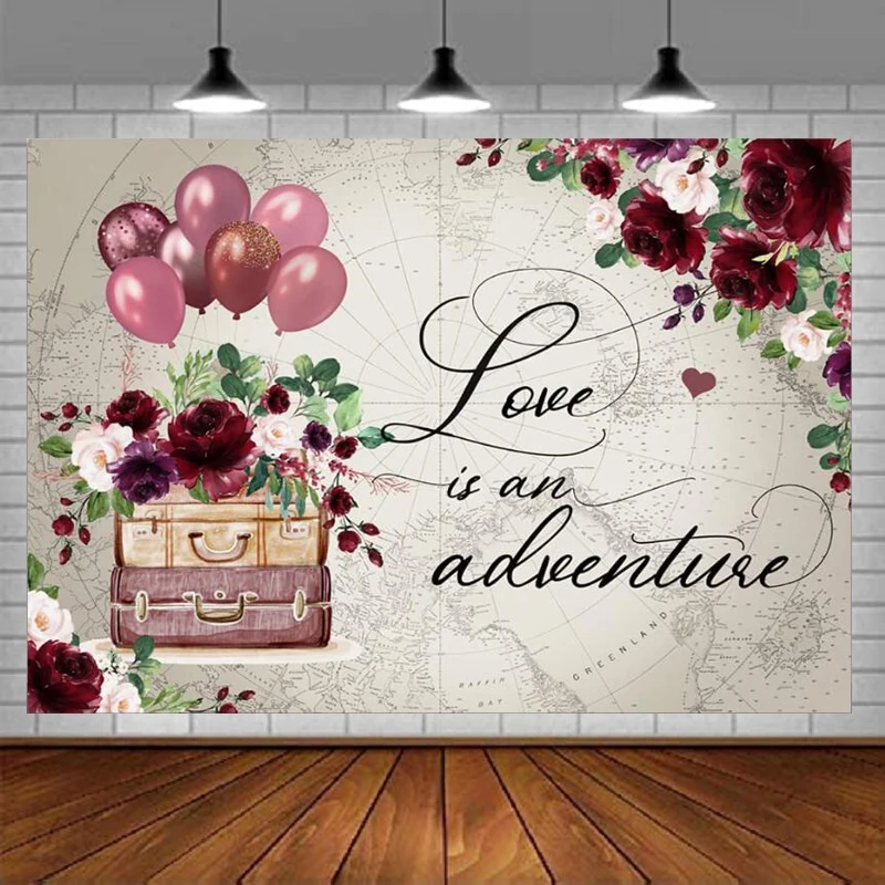 

Фон для фотографий «Любовь-это приключения», красный цветочный воздушный шар, чемодан, путешествия по всему миру, фон для свадебной вечерин...