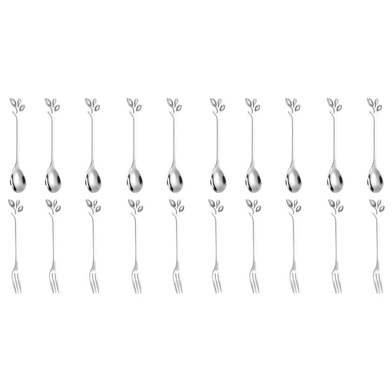 

10Spoon+10Forks Stainless Steel Leaf Coffee Cake Spoon Fork Dessert Spoons, Stirring Teaspoon Set Silver