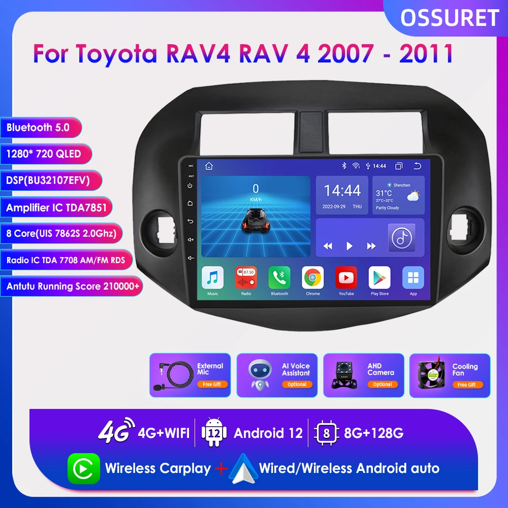 

Автомагнитола 2 Din для Toyota RAV4 RAV 4 2007-2011 Android 12 мультимедийный видеоплеер Wifi 4G GPS-навигация RDS Bluetooth