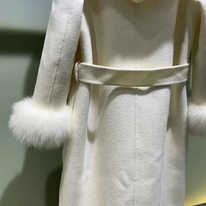 100% Cashmere Jacket Winter Women Real Fur Coat Long Outerwear With Belt Natural Fox Fur Trim Hood Streetwear Brand Luxury New