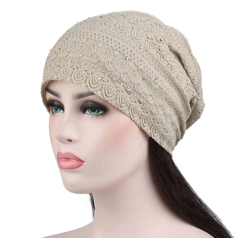 Muslim Hat Ladies Thin Lace Pullover Hat Breathable Confinement Hat Hot Drill Turban Hat