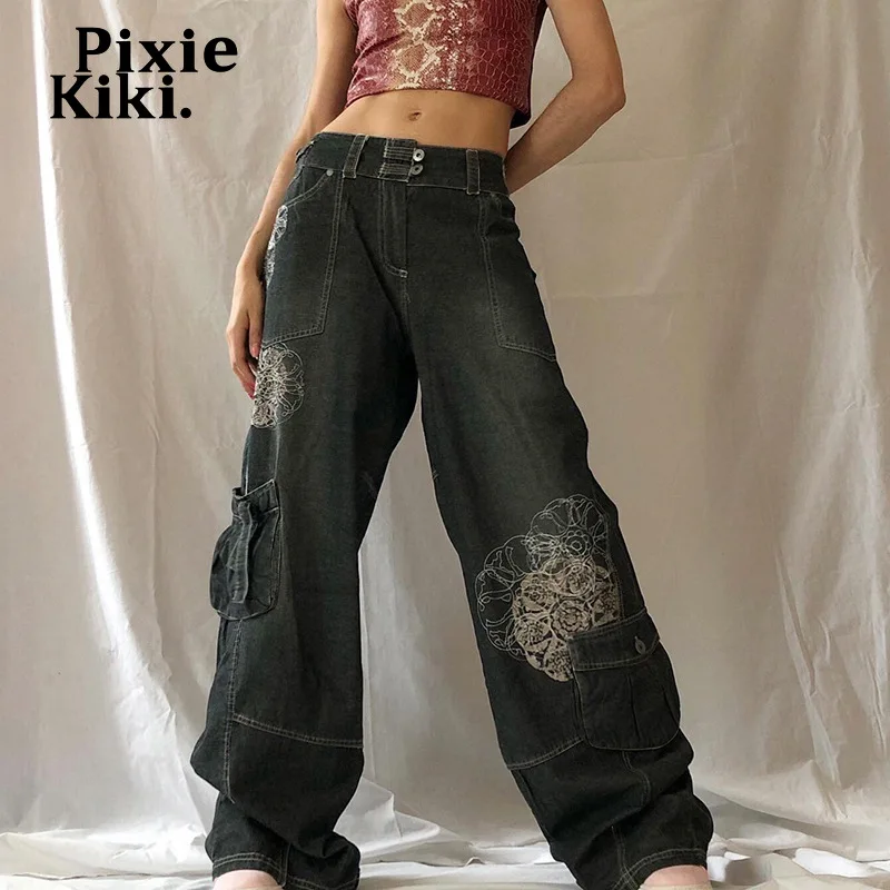Фото Винтажные мешковатые джинсы PixieKiki с графическим принтом Y2k одежда для гранж