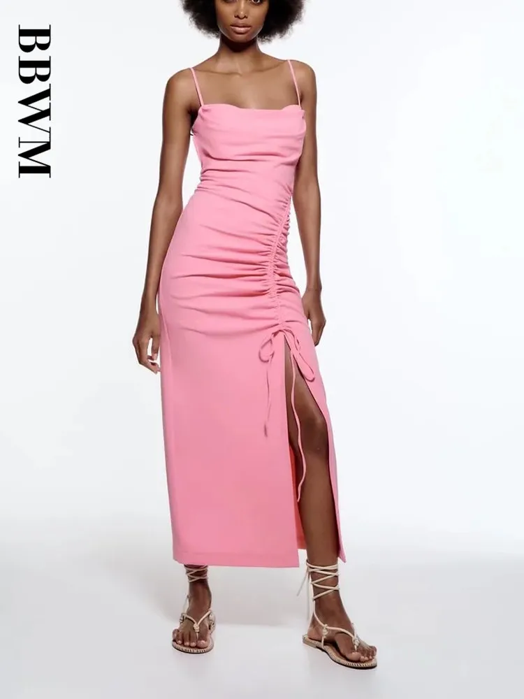 Женское плиссированное платье новое летнее пикантное однотонное длинное в стиле