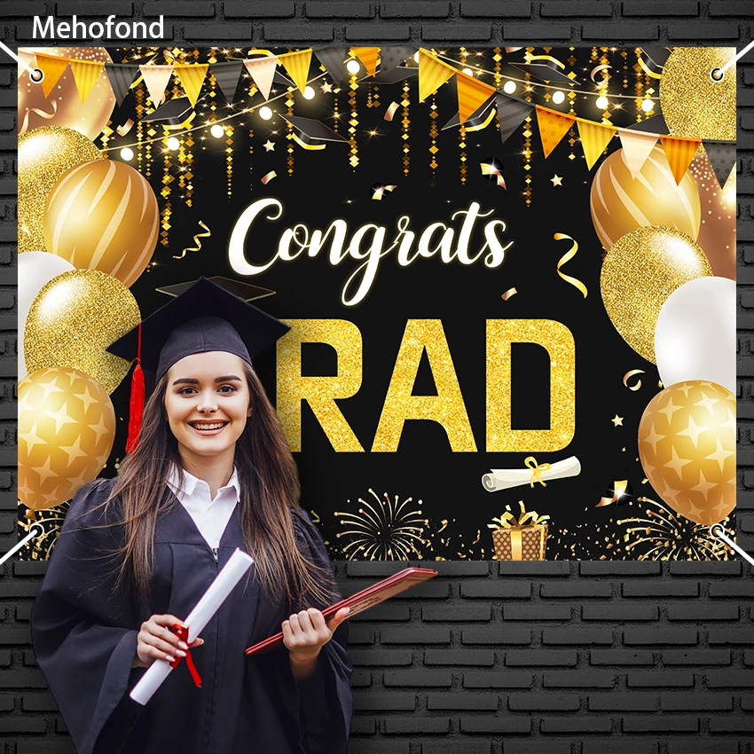 

Mehofond Congrats Grad Decoration Banner 4 Holes with Cords Graduation Ceremony Party Background Custom for School Photo Props