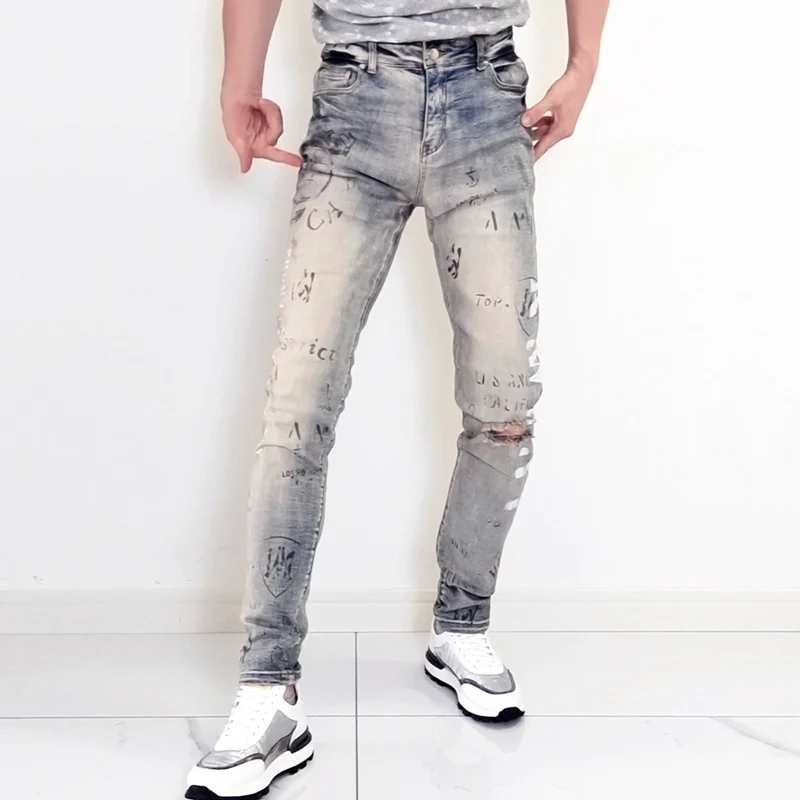 Street Fashion Men Jeans Retro Yellow Blue Elastic Stretch Skinny Ripped Jeans Men Printed Designer Hip Hop Brand Pants Hombre