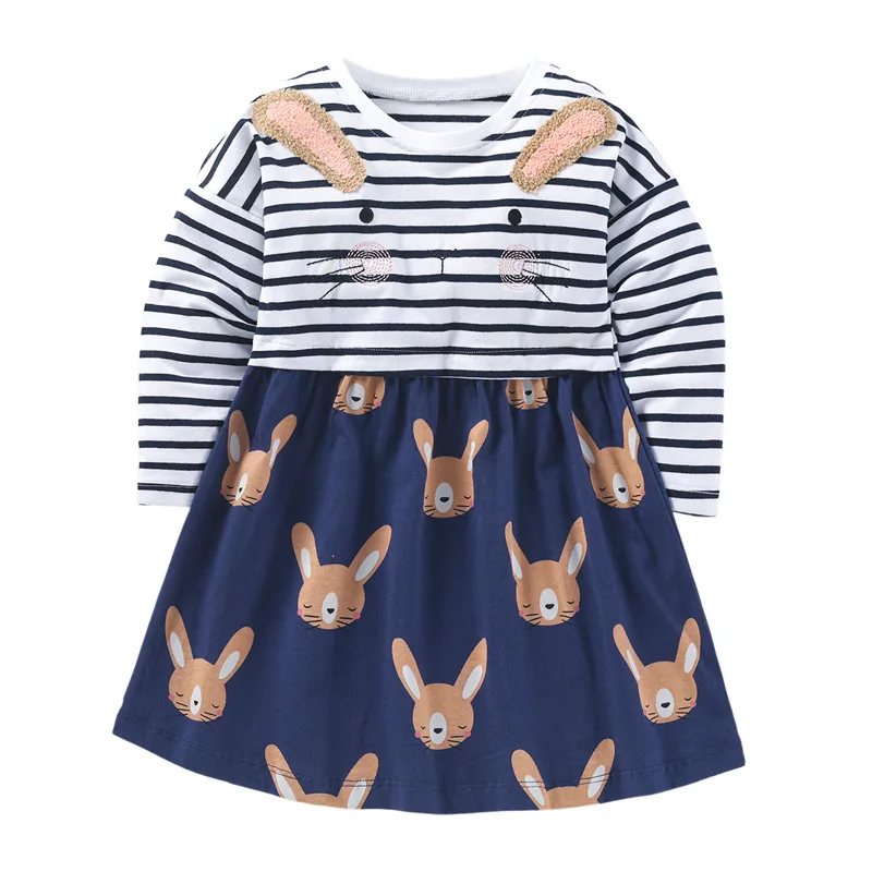 

Little Maven New Spring Autumn Kids Blue Bunny Rabbit Cartoon Appliques Striped Girls 2-7yrs Full-sleeved Cotton Knitted Dresses