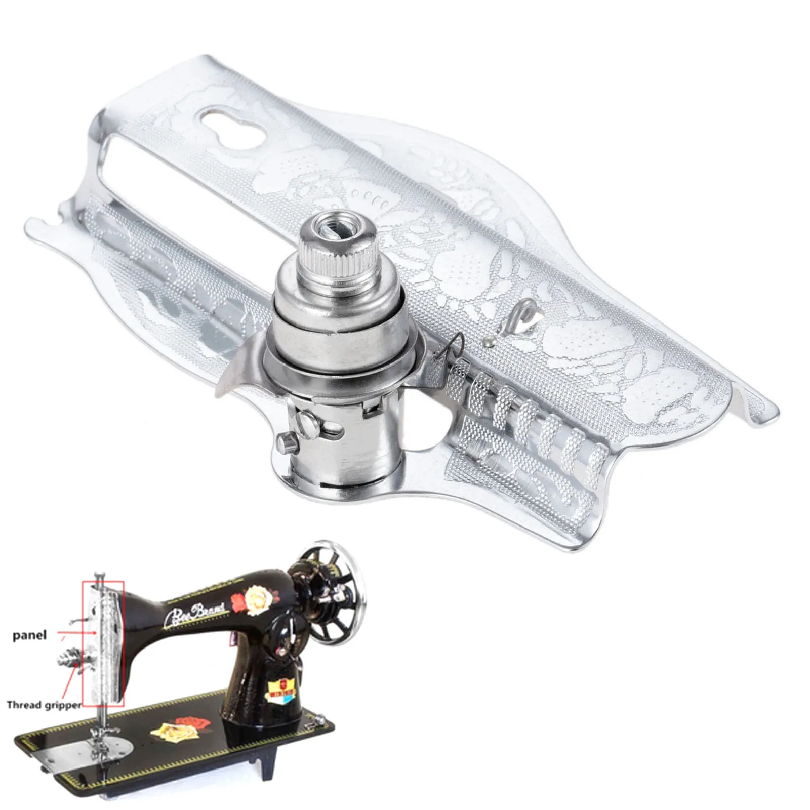 Лицевая сторона металлической швейной машины с фиксатором для ниток детали