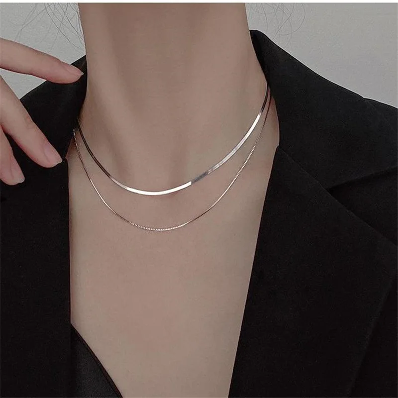 

European and American double-layered titanium steel snake bone chain niche silver necklace female collarbone hip-hop accessories