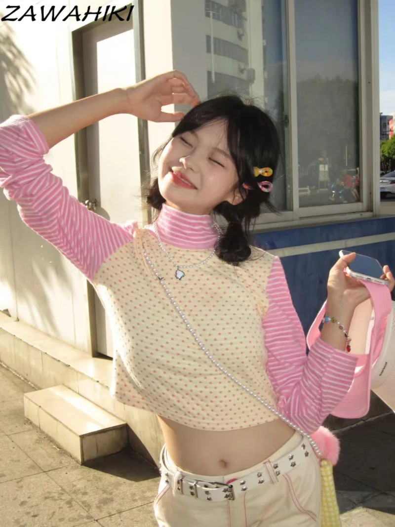 

Уличная одежда в японском стиле Харадзюку, футболка с длинным рукавом и высоким воротником для E-girl, эстетическая одежда Y2K, пуловер, свитшот...